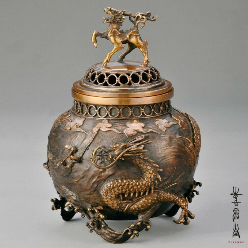 Koro Japanese Bronze Incense burner Takaoka Unryu Dragon Clowd Japan