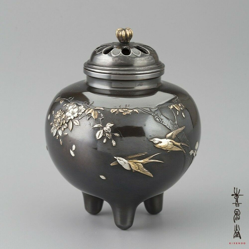 Koro Japanese Bronze Incense burner Takaoka Saishiki Tsubame Swallow Japan