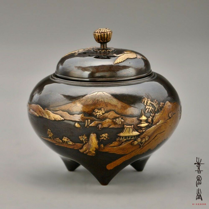 Koro Japanese Bronze Incense burner Takaoka Fuji Crane motif縲Black Japan