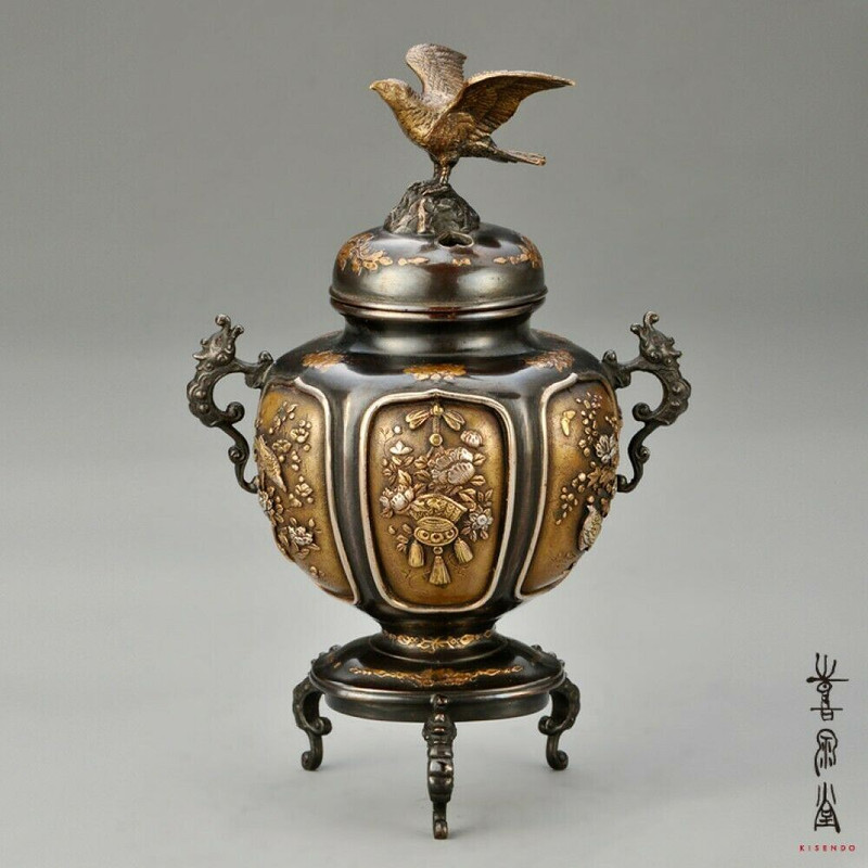 Koro Japanese Bronze Incense burner Takaoka Saika Grid Gold Silver Japan