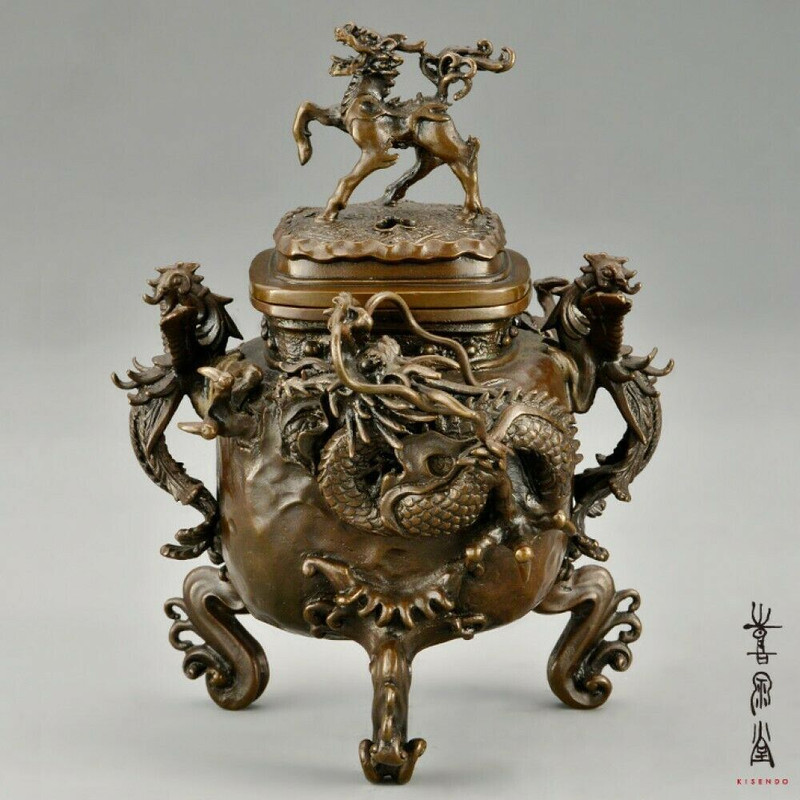 Koro Japanese Bronze Incense burner Takaoka Qilin Dragon motif Large Japan