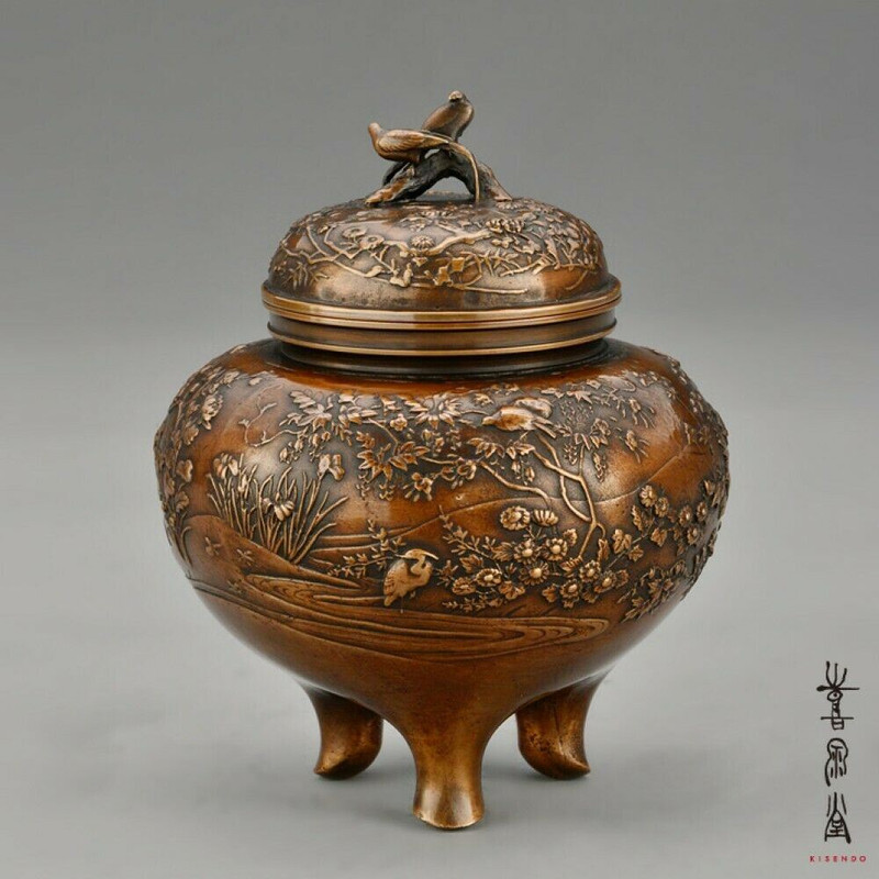 Koro Japanese Bronze Incense burner Takaoka Kacho Flower Bird Jomi Japan