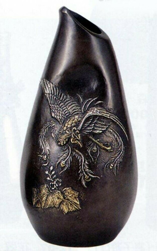 Kaki Japanese Flower Vase Takaoka Metalcraft Takashi Omori Kiri phoenix Japan