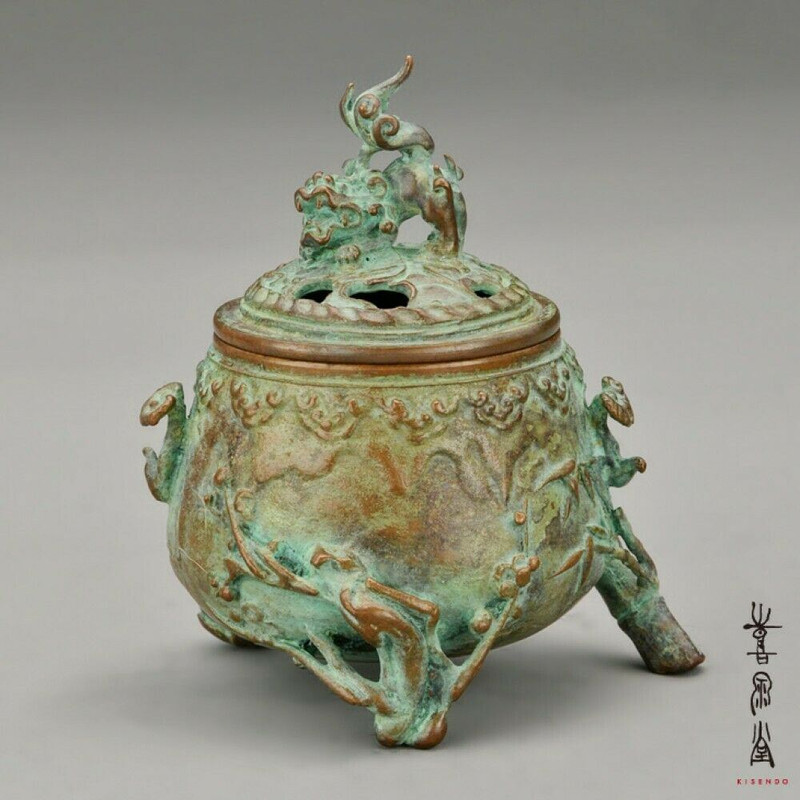 Koro Japanese Bronze Incense burner Takaoka Sanyumon koro Baked patina Japa
