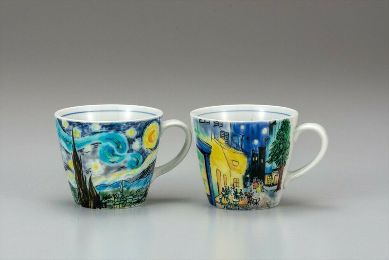 Pair Kutani yaki ware Japanese Tea Coffee Mug Cup Gogh Painting motif Japan