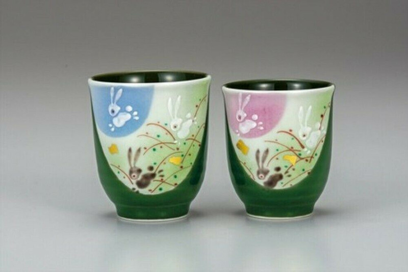 Yunomi Kutani yaki Japanese Pottery Tea cup set Rabbit Moon Usagi Japan