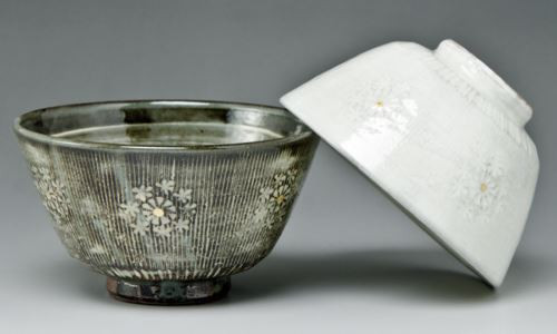 Pair Japanese Chawan Rice Bowl Kyo Kiyomizu yaki ware Kushime Inka Japan