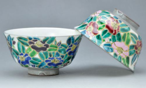 Pair Japanese Chawan Rice Bowl Kyo Kiyomizu yaki ware Gorgeous Camellia Japan
