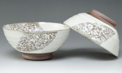 Pair Japanese Chawan Rice Bowl Kyo Kiyomizu yaki ware Inka four seasons Japan