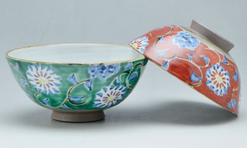 Pair Japanese Chawan Rice Bowl Kyo Kiyomizu yaki ware Chintz Hana Sarasa Japan