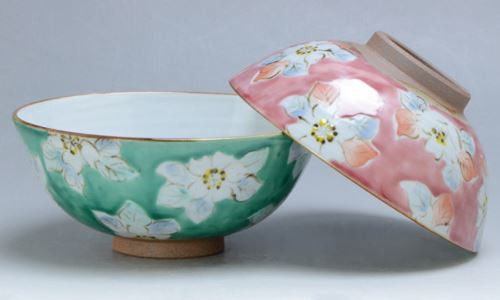 Pair Japanese Chawan Rice Bowl Kyo Kiyomizu yaki ware Peach Green Pink Japan