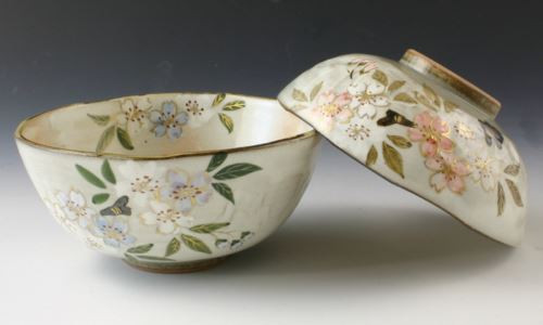 Pair Japanese Chawan Rice Bowl Kyo Kiyomizu yaki ware Cherry Sakura Kanzan Japan