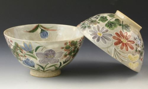 Pair Japanese Chawan Rice Bowl Kyo Kiyomizu yaki ware Autumn Wind Itchin Japan