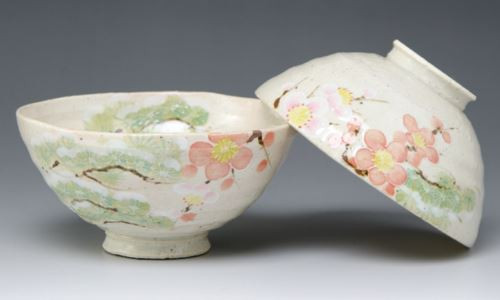 Pair Japanese Chawan Rice Bowl Kyo Kiyomizu yaki ware Auspicious Plum Pine Japan