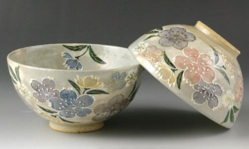 Pair Japanese Chawan Rice Bowl Kyo Kiyomizu yaki ware Spring wind Cherry Japan