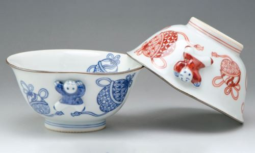 Pair Japanese Chawan Rice Bowl Kyo Kiyomizu yaki ware Bell Karako pattern Japan