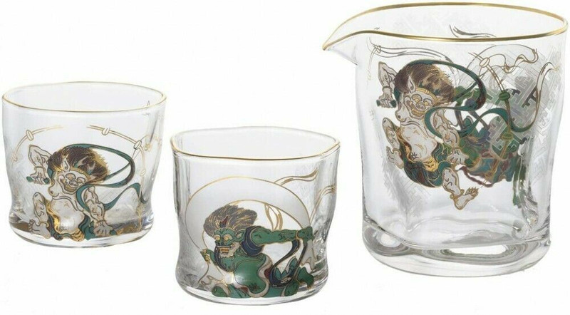 Fujin Raijin Japanese Glass Sake Bottle cup set Guinomi Nihonshu Made in Japan