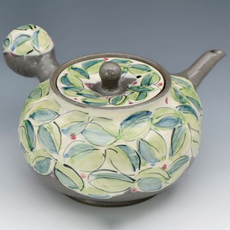 Kyusu Japanese Green Tea Pot Kyo Kiyomizu yaki ware Aoba Green Leaves Japan