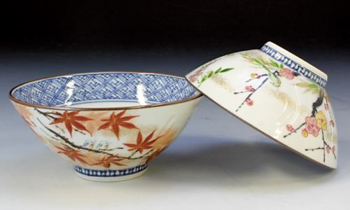 Pair Japanese Chawan Rice Bowl Kyo Kiyomizu yaki ware Flower Bird Four seasons