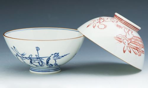 Pair Japanese Chawan Rice Bowl Kyo Kiyomizu yaki ware Choju Gjinbutsu giga Japan