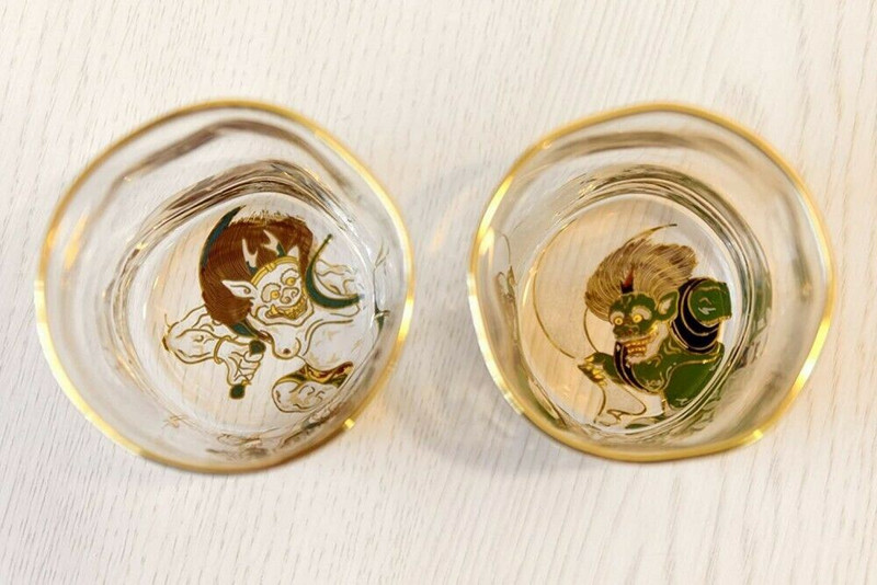 Fujin Raijin Japanese Glass Sake cup set Guinomi Shochu Nihonshu Made in Japan 