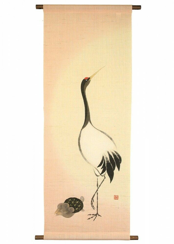 Kyoto Hangin scroll Kakejiku Tapestry Handpaint Crane Turtle Tsuru Kame Japan