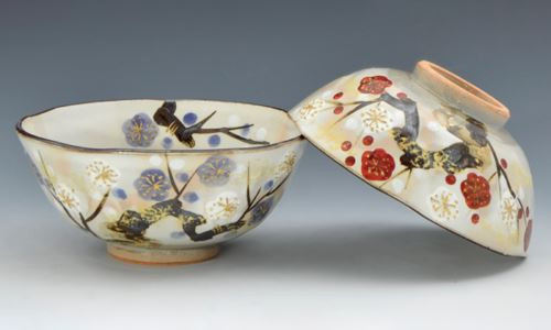 Pair Japanese Chawan Rice Bowl Kyo Kiyomizu yaki ware Gorgeous Plum Ume Japan