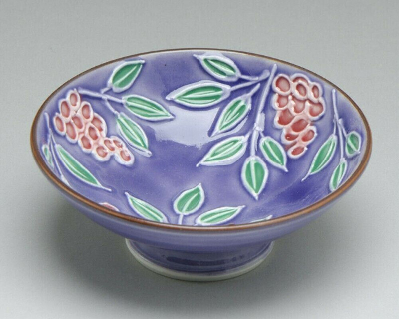 Kyo Kiyomizu Yaki ware Guinomi Japanese Sake cup Cochin Flower Nandina Japan