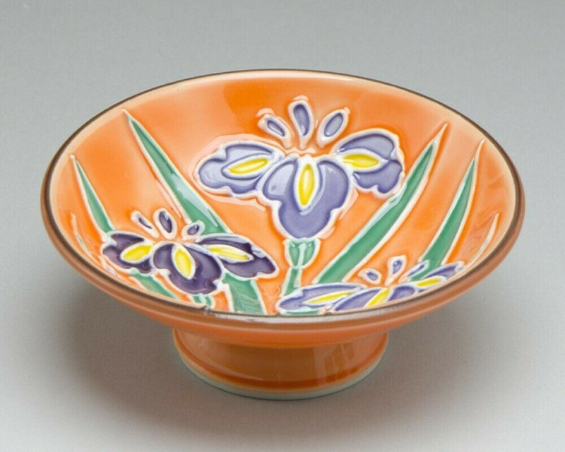 Kyo Kiyomizu Yaki ware Guinomi Japanese Sake cup Cochin Flower Iris Ayame Japan