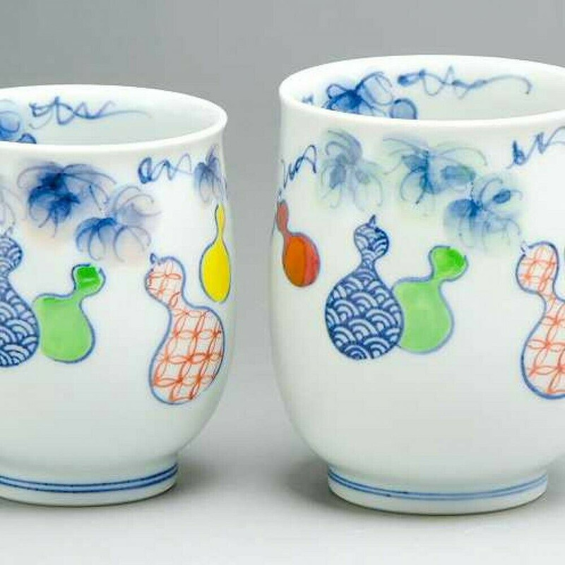 Kyo Kiyomizu Yaki ware Iro-e Mubyo 6Gourd Pair Yunomi Green Tea cup Japan