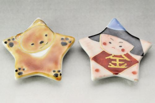 Kyo Kiyomizu yaki Japanese Chopstick rest Hashioki 2pcs Kintaro and bear Japan