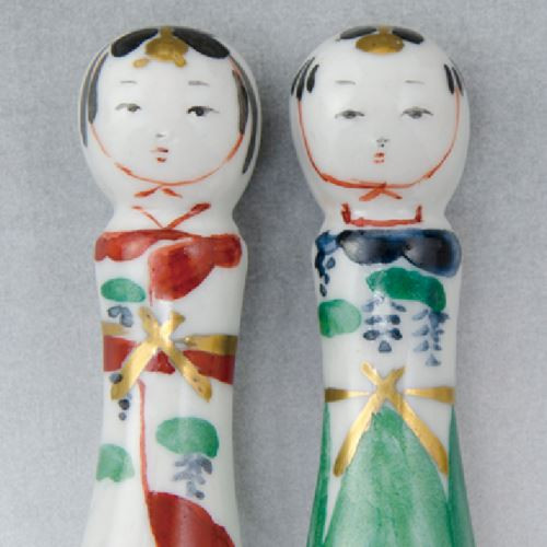 Kyo Kiyomizu yaki Japanese Chopstick rest Hashioki 2pcs Kokeshi Hina doll Japan