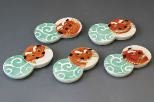 Kyo Kiyomizu yaki ware Japanese Chopstick rest Hashioki 5pcs Shishimai Japan