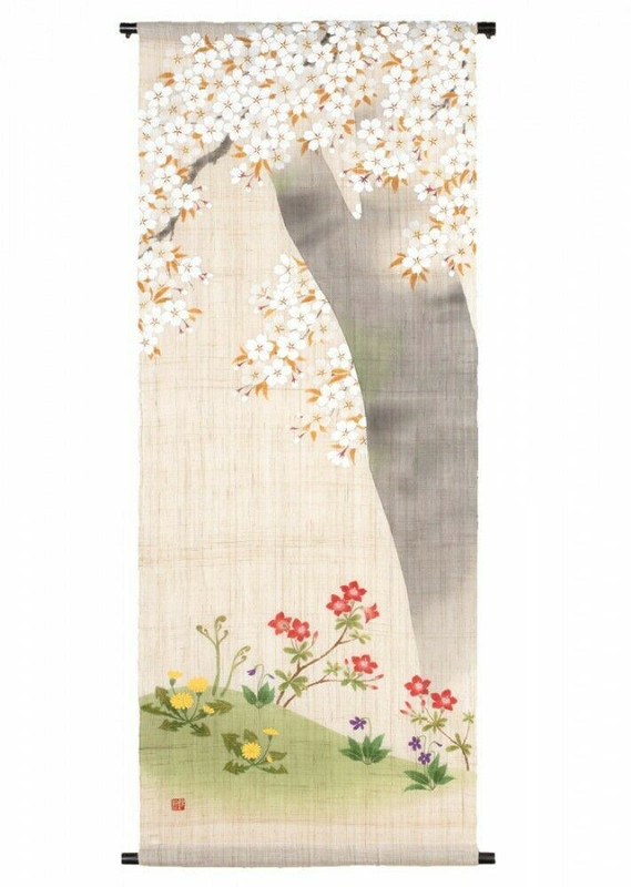 Kyoto Hangin scroll Kakejiku Tapestry Handpaint Spring grass Sakura Cherry Japan