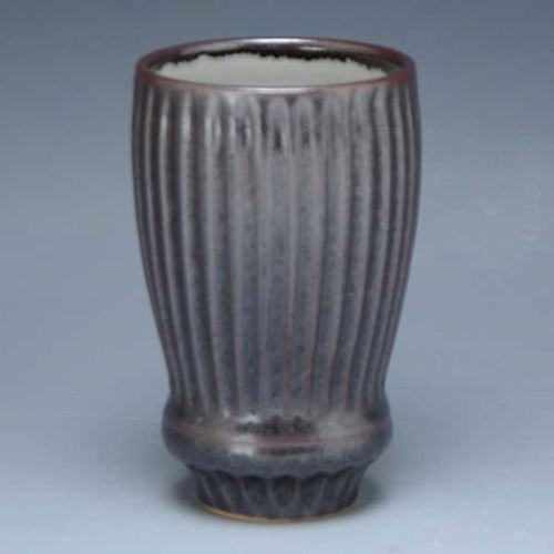 Kyo Kiyomizu yaki ware Japanese Beer Tea Sake cup Black glaze Carving Japan