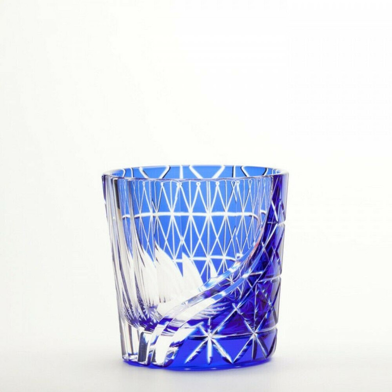 Edo Kiriko Japanese Whiskey Rock Glass Stripe Rhombus pattern Blue Japan
