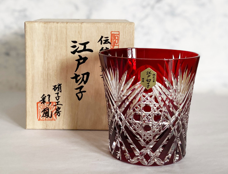 Edo Kiriko Japanese Whiskey Rock Glass Shochu Octagon Kagome pattern Red Japan