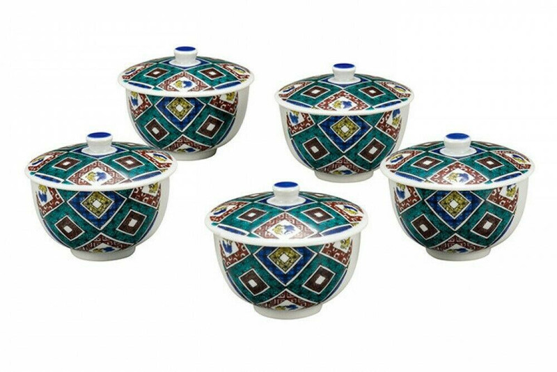 Kutani yaki Japanese Green Tea Cup Kumidashi Set Lid stone paving Taishi Japan