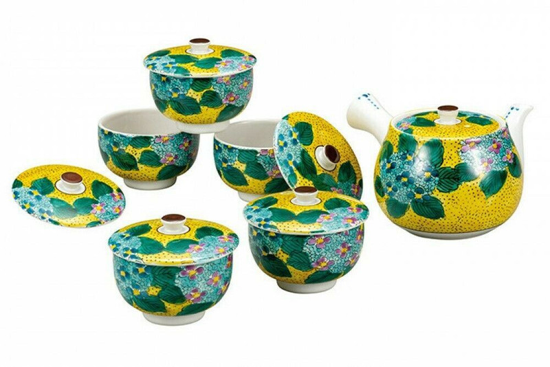 Kutani yaki Japanese Green Tea Cup Tea pot Kumidashi Set Lid set Ajisai Japan