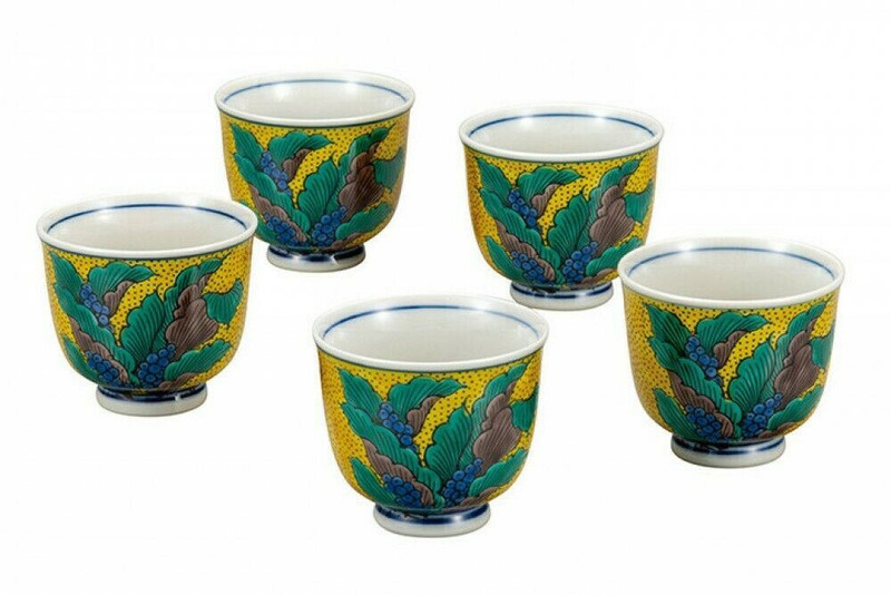 Kutani yaki ware Japanese Green Tea Cup Kumidashi Set Yoshida-ya Omoto Japan