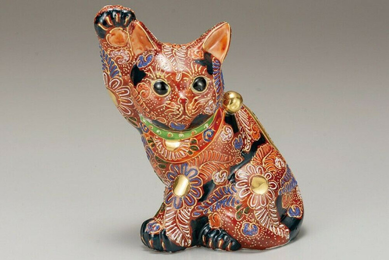Maneki neko Kutani yaki ware Japanese lucky cat Sideways cat Mori Art 16.7cm