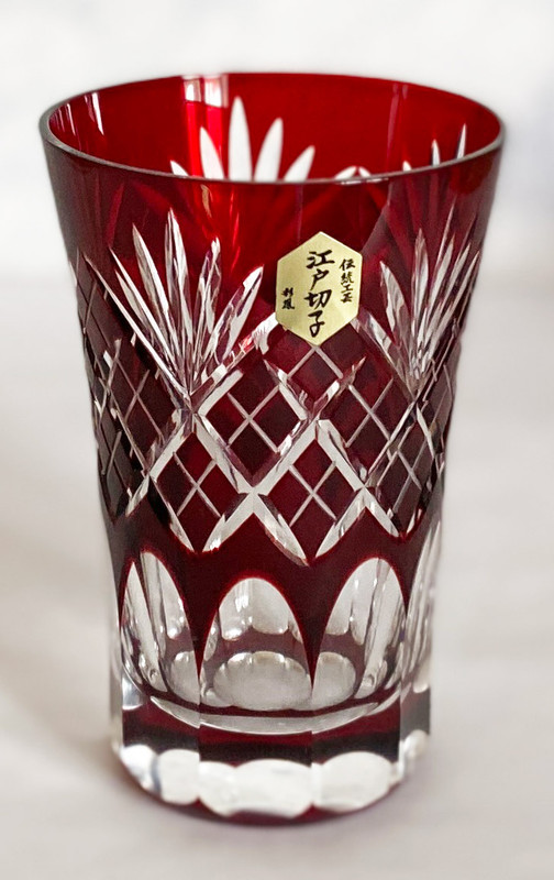 Edo Kiriko Japanese Beer Sake glass Tumbler Red Sword Cross Pattern Handcraft