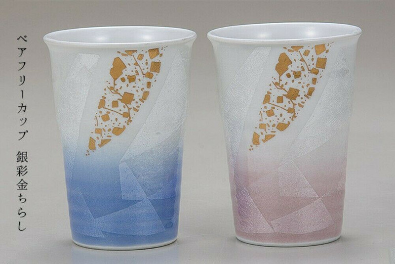Pair Kutani yaki ware Ceramic Tumbler Beer Sake cup Silver foil Gold Chirashi