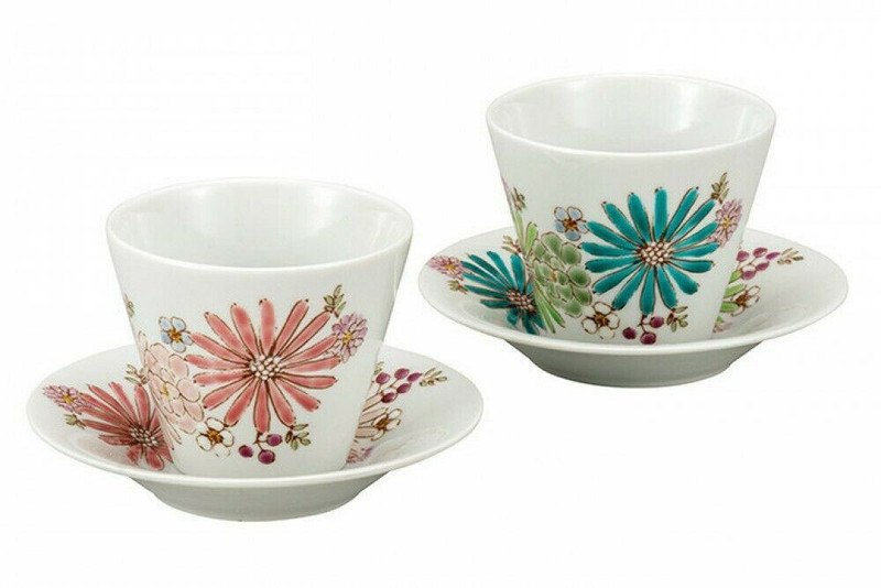 Pair Kutani yaki ware Japanese Ceramic Tumbler Beer Sake cup saucer Yu kiln Hana