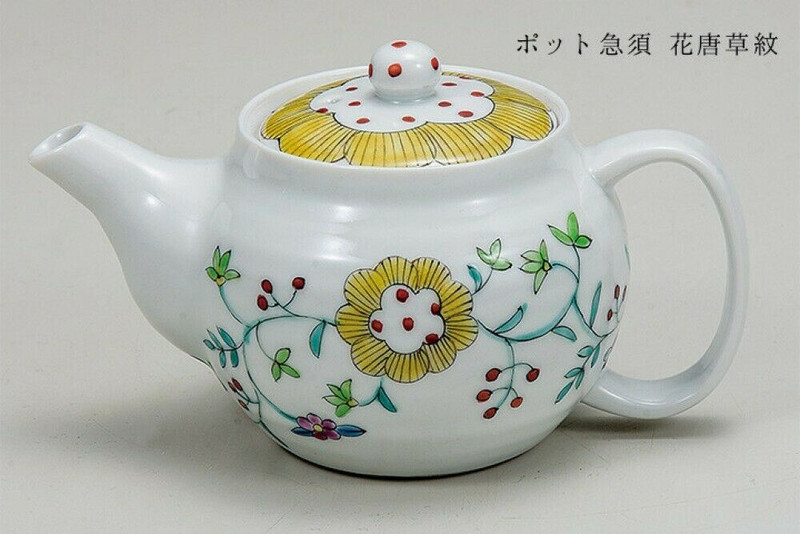 Kyusu Kutani yaki ware Japanese Green Tea pot Hana Karakusa Chie w/mesh strainer