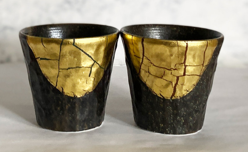 Kutani yaki ware Japanese Shochu Wiskey Sake Cup Set Gold foil KinpakuJapan