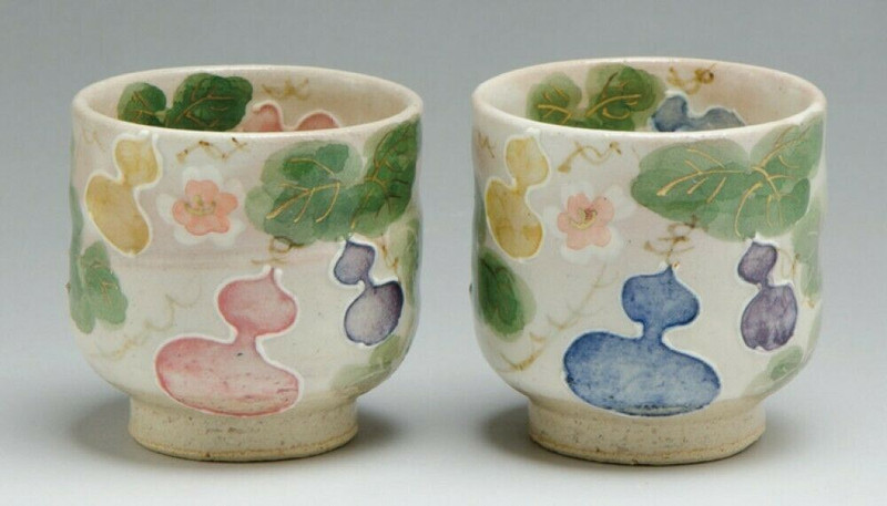 Pair Kyo Kiyomizu yaki Japanese Sake cup set Guinomi Hana Mubyo Gourd Japan