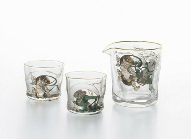 Fujin Raijin Japanese Glass Sake cup and bottle set Guinomi Katakuchi Japan