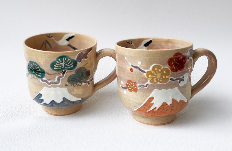 Pair Kyo Kiyomizu yaki Japanese Mug Tea Coffee cup Iwai Fuji Blue Red Japan