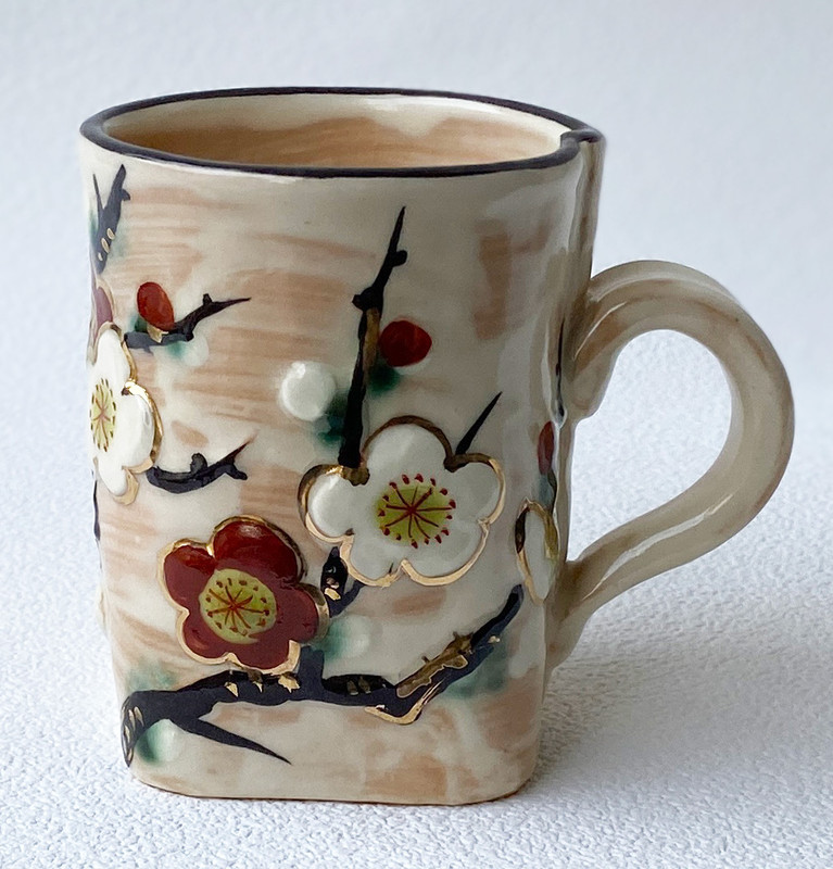 Kyo Kiyomizu yaki ware Japanese Mug Tea Coffee cup Uki Hana Ume Plum Japan